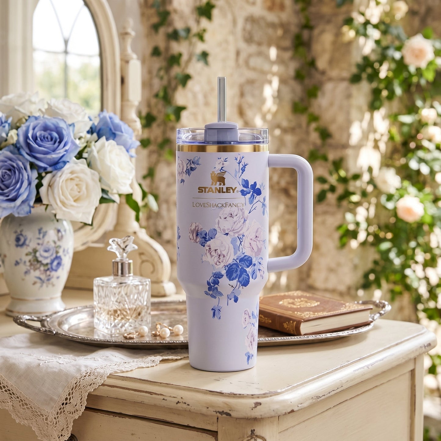 Stanley x LoveShackFancy 40oz Quencher Tumbler Blue Everblooming Rosettes